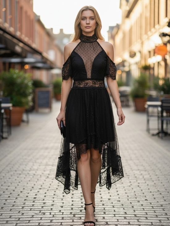 Dolls Kill Dresses & Skirts - Widow by Dolls Kill Black Lace High Neck Cold Shoulder Hi Low Gothic Dress Sz M